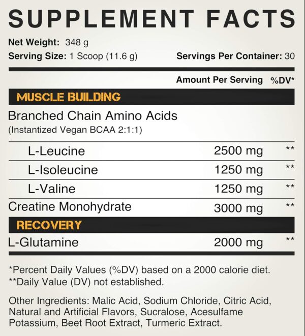 Creatine 3G Peak Post Workout Recovery Powder - 5G BCAA 2:1:1 - Glutamine 2G - Creatine Monohydrate Muscle and Strength Building Supplement - 30 Servings - Tropical Mango