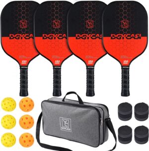 YC DGYCASI Pickleball Paddles Set of 4, USAPA Approved Pickleball Set, 4 Carbon Fiber Pickleball Rackets, 3 Outdoor Balls, 3 Indoor Balls, 4 Replacement Grip, 1 Bag for Women and Men