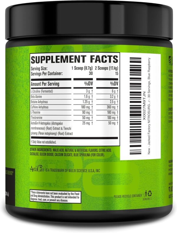 Jacked Factory NITROSURGE Pre Workout Supplement - Energy Booster, Instant Strength Gains, Clear Focus & Intense Pumps - NO Booster & Powerful Preworkout Energy Powder - 30 Servings, Blue Raspberry