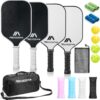 Frosted Fiberglass Pickleball Paddle Set - 4 Paddles, 4 Balls, 4 Covers, 2 Towels, 1 Bag - Lightweight Rackets for All Levels