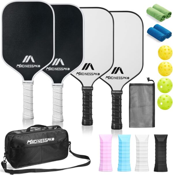 Frosted Fiberglass Pickleball Paddle Set - 4 Paddles, 4 Balls, 4 Covers, 2 Towels, 1 Bag - Lightweight Rackets for All Levels