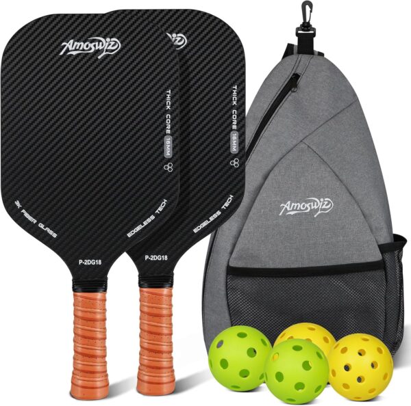 Pickleball Set of 2, Edgeless Pickleball Paddles with Real 3K Carbon Surface for Spin & Control, 16MM Enhanced Pickle Ball Paddles Set with Balls