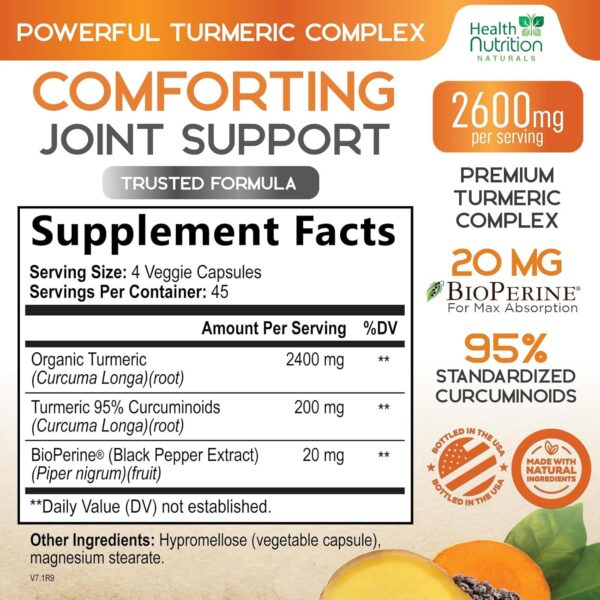 Turmeric Curcumin Supplement 2600mg with Black Pepper Extract 95% Curcuminoids - High Absorption Ultra Potent Turmeric Capsules with BioPerine, Nature's Tumeric Pills for Joint Support - 180 Capsules
