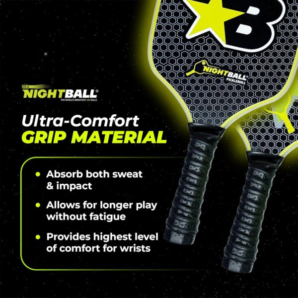 Nightball Pickleball Set - 2 LED Pickleball Paddles with 2 LED Light Up Pickleballs- Lightweight Wood Paddles with Rechargeable USBC Port - Pickleballs Include Batteries for 30+ Hours of Play Each
