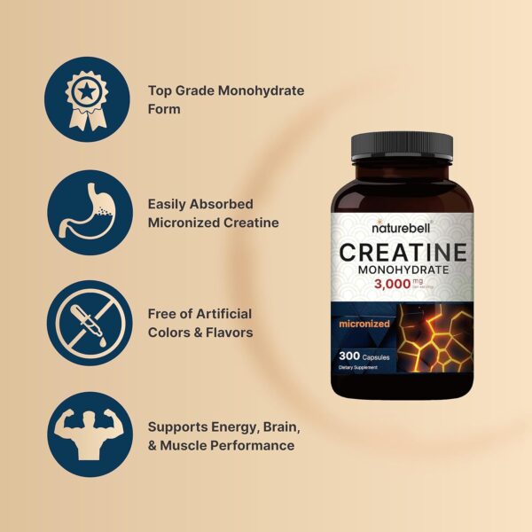 Creatine Monohydrate 3,000mg Per Serving, 300 Capsules – Micronized – Unflavored Creatine Pills – Support Pre Workout & Healthy Muscle – Easily Absorbed, Easy to Swallow (50 Servings)
