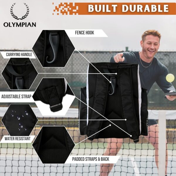 OLYMPIAN Dual Pickleball Backpack for Women and Men Hold 6+ Racket Paddles Quick Access Side Pocket X-Large Main Compartment Ventilated Shoe Storage, Water Resistant, Pickleball Balls Holder Geminate