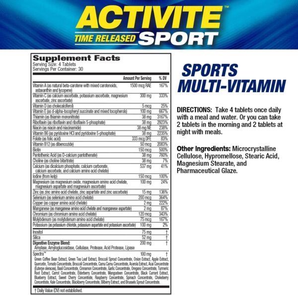 MHP Activite Sport Multi Vitamin, 25 Vitamins and Minerals, Nitric Oxide Booster, Digestive Enzymes, Antioxidants, 120 Tablets