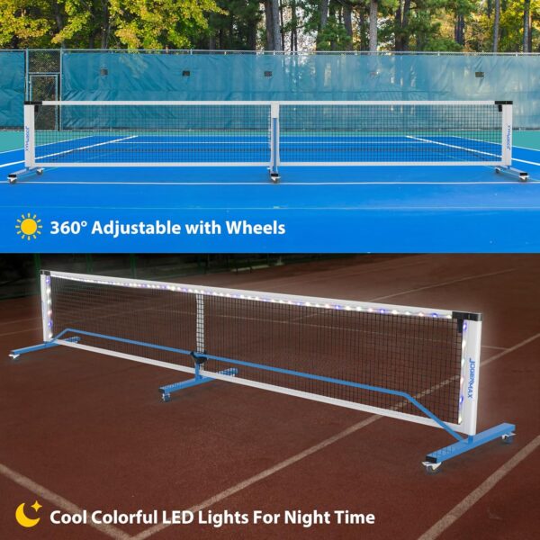 Portable Pickleball Net System with Lockable Wheels, Metal Frame Pickleball Court with LED Light, Regulation Size Net with Durable Carrying Bag, and 4 Pickleball Rackets.