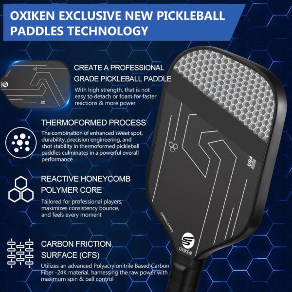 OXIKEN 10/13/16 mm Pickleball Paddles 2025 USAPA Approved T700 Carbon Fiber Pickle Paddle (CFS), High Grit & Spin, Honeycomb Core, 5.5” Elongated Handle, Anti Slip Sweat Absorbing Grip with Cover Case
