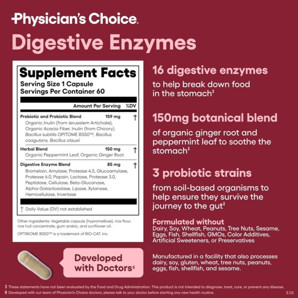 Physician's CHOICE Digestive Enzymes - Multi Enzymes, Organic Prebiotics & Probiotics for Digestive Health & Gut Health - Meal Time Discomfort Relief & Bloating - Dual Action Approach - 60 CT