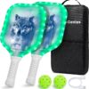LED Light Up Pickleball Paddles Set of 2,Glow in The Dark,USAPA Approved Fiberglass Lightweight Pickleball Racket,2 Outdoor Balls & 1 Carrying Bag Gifts for Women Men Beginners