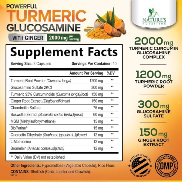 Turmeric Curcumin Supplement 2000mg with Glucosamine Chondroitin & Ginger, 95% Curcuminoids, BioPerine Black Pepper for Best Absorption, Nature's Joint Support, Non-GMO, Bottled in USA - 120 Capsules