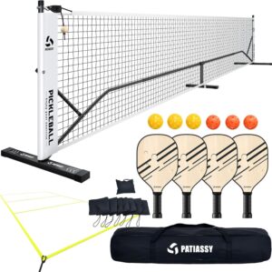 Pickleball Net Set with Pickleball Court Marking Kit 22FT Portable Pickleball Nets with Net Tension Adjuster, Wood Paddles Set of 4 and Carrying Bag for Indoor and Outdoor Use