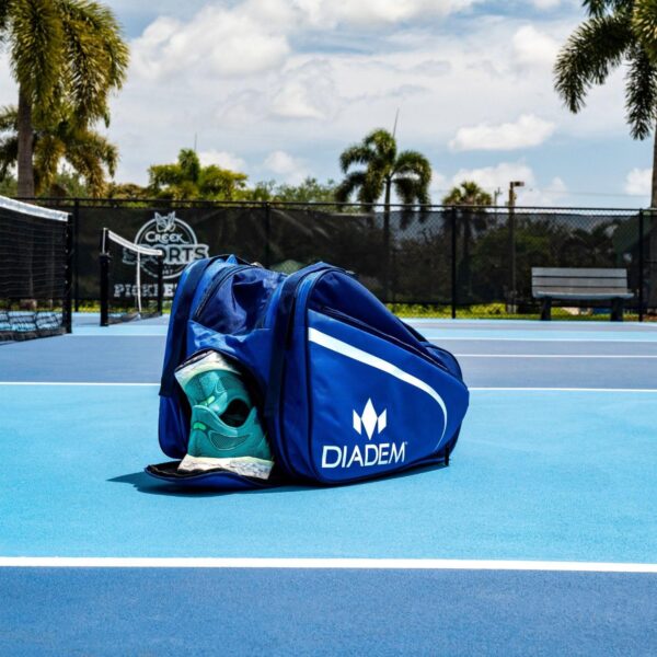 Diadem Tour V3 Paddle Backpack Bag - Spacious Pickleball Gear Bag with 10 Paddle Capacity | Shoe Compartment | Neoprene Side Pockets | Stylish and Durable | Blue with White Trim