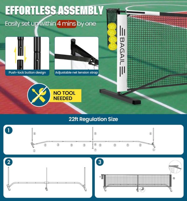 BAGAIL Portable Pickleball Net Set, 22 FT Regulation Size Pickle Ball Net with Ball Collector, Carry Bag, Easy Setup for Outdoor Indoor Driveway - Red