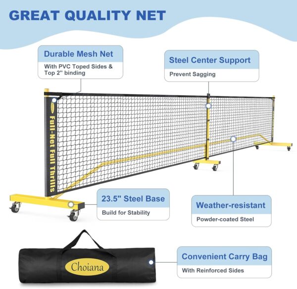 Pickleball Net Set, Portable Pickleball Set w/Wheels, 11ft & 22ft Regulation Size Pickel Ball Net, Set of 4 Balls and Paddles, Heavy Duty Frame for Backyard Driveway Outdoor