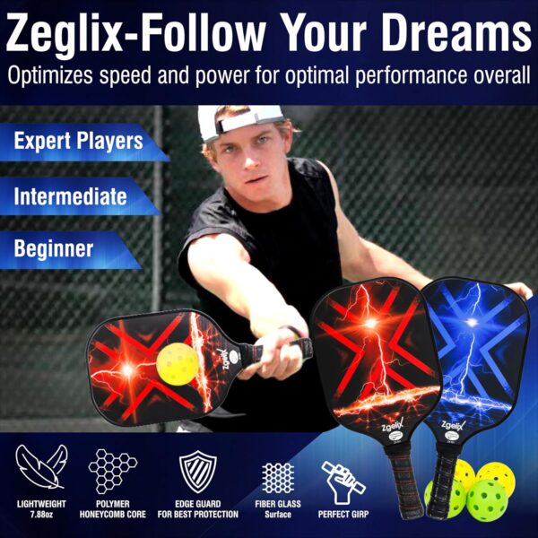 Pickleball Paddles Set - Lightweight Fiberglass Paddles (7.88 Oz) with Sweat-Absorbing Anti-Slip Grip - Complete Set with Balls, Cooling Towels, Grip Tape, Ball Retrievers & Durable Carry Bag