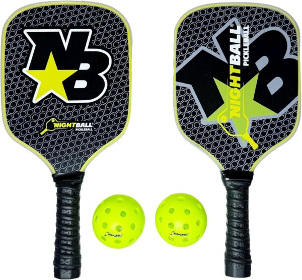 Nightball Pickleball Set - 2 LED Pickleball Paddles with 2 LED Light Up Pickleballs- Lightweight Wood Paddles with Rechargeable USBC Port - Pickleballs Include Batteries for 30+ Hours of Play Each