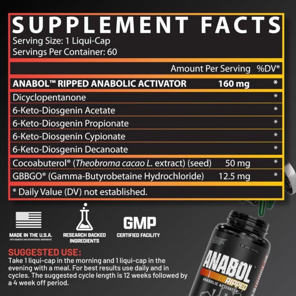 Nutrex Research Anabol Ripped Anabolic Muscle Builder for Men, 2-in-1 Muscle Builder and Shredding Supplement, (60 Count)
