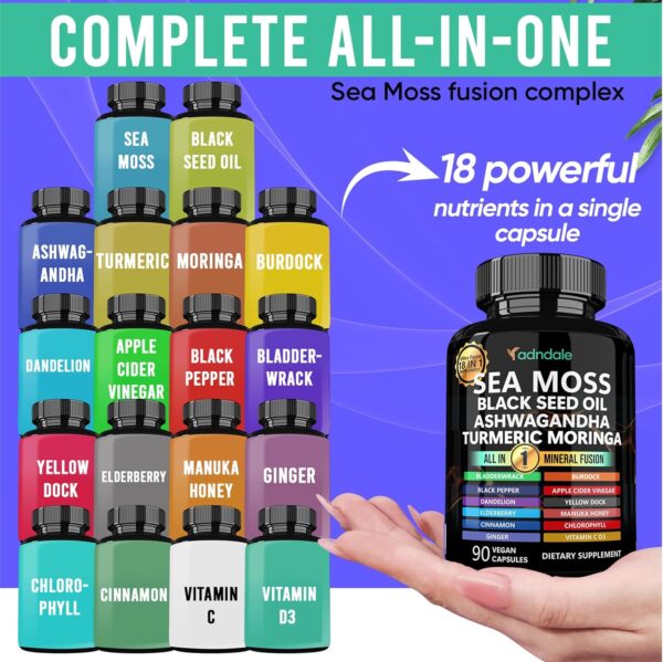 Sea Moss Black Seed Oil Ashwagandha Ginger Capsules. Sea Moss Capsules with Black Seed Oil, Ashwagandha, Turmeric, Moringa, Bladderwrack, Burdock Root, Manuka Honey, Cinnamon.
