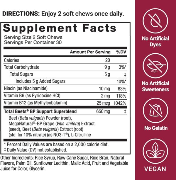 Force Factor Total Beets Blood Pressure Support Supplements with Beet Powder, Great-Tasting Beets Chewables for Heart-Healthy Energy, and Increased Nitric Oxide, 60 Chews