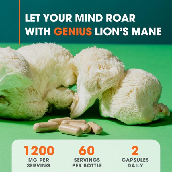 Genius Lion’s Mane Supplement Capsules – Organic Full Spectrum Mushrooms for Cognition, Focus & Memory – 1,200mg Per Serving, 120 Count (60 Servings) – Grown in The USA