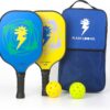 Pickleball Paddles Set of 2 Yellow and Blue, Outdoor Pickleball Paddles Cute Fiberglass, with 2 Balls and Bag, for Womens Girl Kids Men