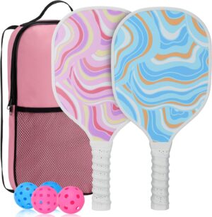 Cute Pickleball Set of 2 Paddles - Pink & Blue Lightweight Pickleball Rackets with 2 Indoor and 2 Outdoor Balls, 1 Portable Bag, for Beginner Youth Women Couple Gift