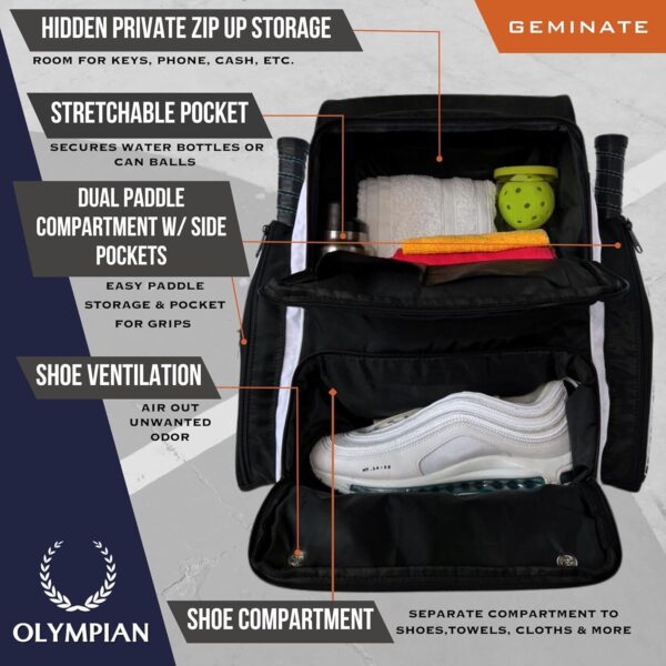 OLYMPIAN Dual Pickleball Backpack for Women and Men Hold 6+ Racket Paddles Quick Access Side Pocket X-Large Main Compartment Ventilated Shoe Storage, Water Resistant, Pickleball Balls Holder Geminate