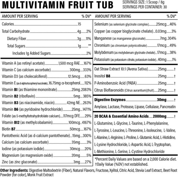 Multivitamin Powder - Drink Mix for Men Women BCAA Amino Acids Won’t Upset Your Stomach - Keto Vegan Multivitamin Fruit Punch - Electrolytes Super B Complex Digestive Enzyme