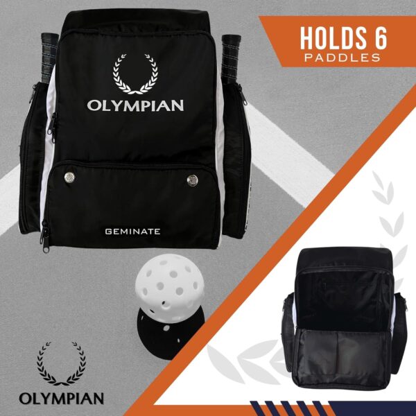 OLYMPIAN Dual Pickleball Backpack for Women and Men Hold 6+ Racket Paddles Quick Access Side Pocket X-Large Main Compartment Ventilated Shoe Storage, Water Resistant, Pickleball Balls Holder Geminate