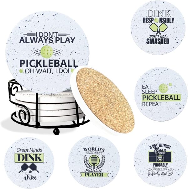 81RVx0RuxpL._AC_SL1500_.jpg Pickleball Gifts for Women and Men - Appreciation Gifts - Absorbent Ceramic Coasters 6pc - Metal Holder & Cylinder Kraft Gift Box Included