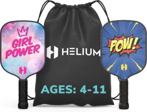 Helium Pickleball Paddle for Kids – (2 Pack - POW! and Girl Power) Child Size, Lightweight Honeycomb Core, Graphite Strike Face, Premium Comfort Grip, 2 Pickleball Paddles & 2 Drawstring Bags