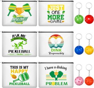6Pcs Pickleball Gifts Makeup Bags Dink Ball Cosmetic Bags for Women Girls with 6 Pcs Colorful Pickleball Keychain keyring Canvas Zipper Pouch Toiletry Bag for Pickball Fans Friends Lovers