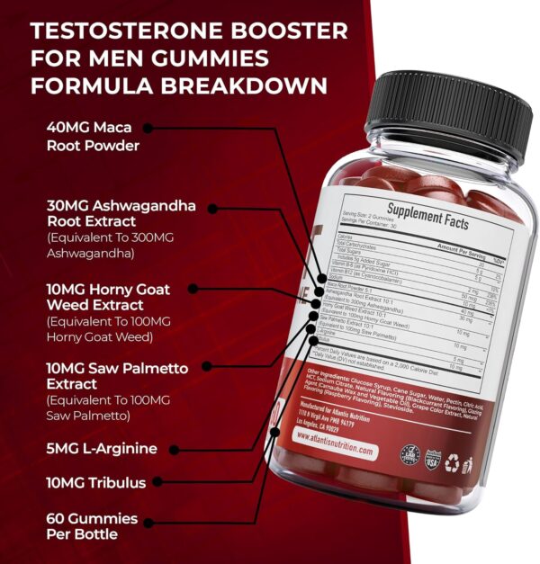 Atlantis Nutrition Testosterone Booster For Men Gummies - Male Enhancement, Boosts Energy, & Optimizes Physical Performance Formulated w/Tribulus, Horny Goat Weed, Saw Palmetto, Maca Root - 60 Gummies