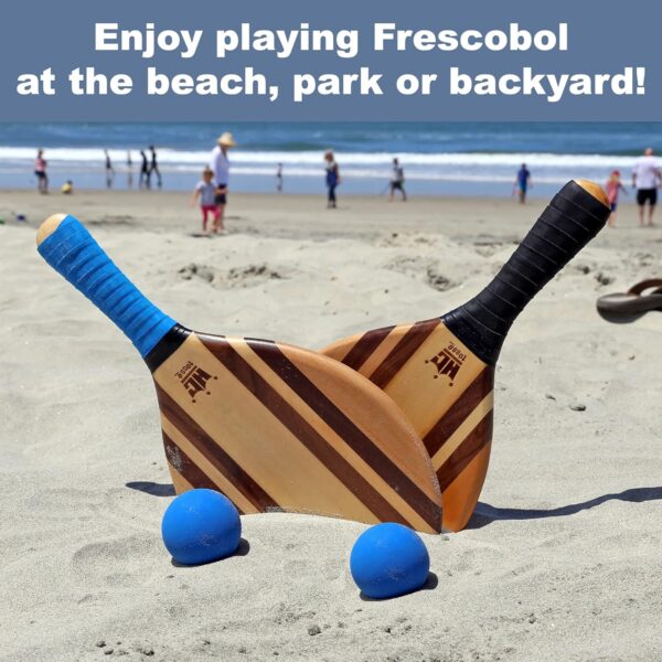 Frescobol Paddle Ball Set (Beach Stripes) - Comes with 2 Paddles, 2 Balls & Canvas Drawstring Bag