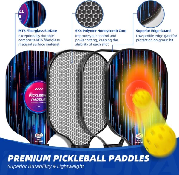 Pickleball Paddles - Fiberglass Pickleball Paddles Set of 2, USAPA Approved Pickle Ball Rackets 2 Pack with 4 Pickleball Balls, 1 Pickleball Net Bag, Paddles Ball Set for Beginners