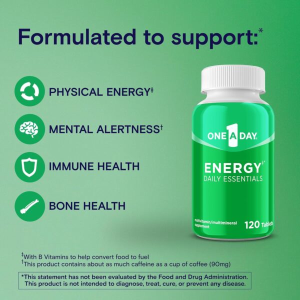 One A Day Energy Daily Essentials Multivitamin, Energy Supplement to Support Mental Alertness and Immune Health with Vitamins A C, D, E, Zinc and Caffeine, 120 Count