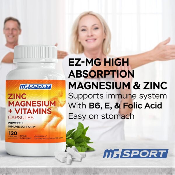Magnesium Zinc Supplement with Vitamins B6, B9, High Absorption Zinc Magnesium Combination for Immune Support, Muscle Recovery, EZ-MG Easy on Stomach, 120 Capsules