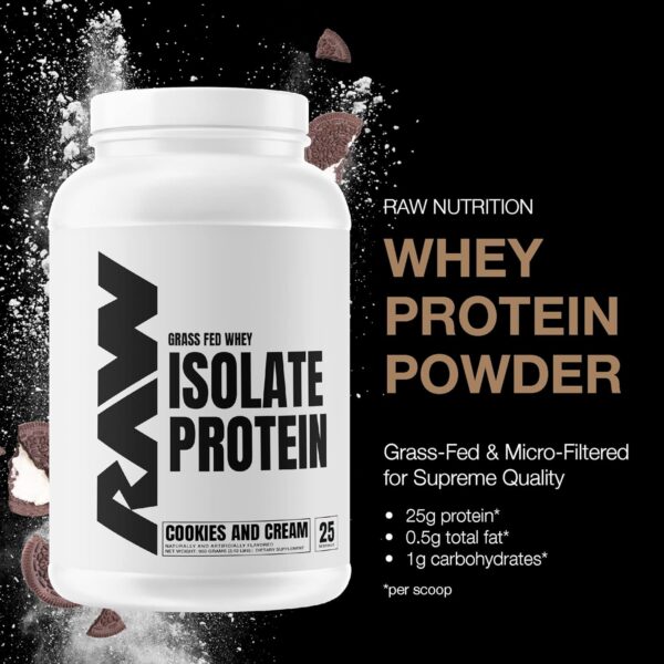 RAW Whey Isolate Protein Powder, Cookies N Cream - 100% Grass-Fed Sports Nutrition Protein Powder for Muscle Growth & Recovery - Low-Fat, Low Carb, Naturally Flavored & Sweetened - 25 Servings