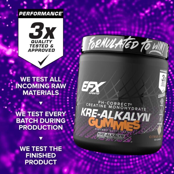 EFX Sports Kre-Alkalyn EFX Gummies | pH Correct Creatine Monohydrate Pill Supplement | Strength, Muscle Growth & Performance | 60 Servings, 120 Gummies - Citrus Blast