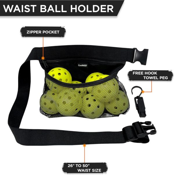 Ball Holder for Pickleball Tennis Golf - Adjustable waist with Towel Hook Peg Accessories Space