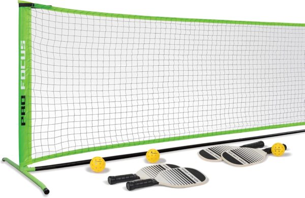 Pro Focus Pickleball Net Set – Includes 4 Player Wooden Pickleball Paddles and 3 Pickleballs; Outdoor and Indoor Fun for Adults and Families, All Skill Levels