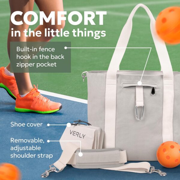 Pickleball Bag - Large Gray Canvas Tote Bag for Women and Men, Fits 2 Pickle Ball Paddles & Shoe Storage, Adjustable Strap, Fence Hook, Pickleball Gifts & Accessories