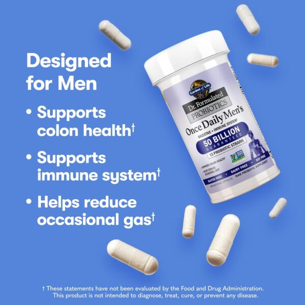 Garden of Life Probiotics for Men Dr Formulated 50 Billion CFU 15 Probiotics for Digestive Health + Organic Prebiotic Fiber for Colon & Immune Support, Daily Gas Relief, Shelf Stable, 30 Capsules