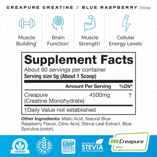 Muscle Feast Creapure Creatine Monohydrate Powder, Vegan Keto Friendly Gluten-Free Easy to Mix, Muscle Recovery Supplement and Best Creatine for Muscle Growth, Natural Blue Raspberry, 300g