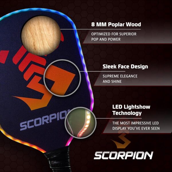 SCORPION LED Pickleball Paddles Set of 2 or 1 – Lightweight Rackets with LED Edge Lighting | Carbon Fiber/Fiberglass/Wood Face | Durable Paddles for Women, Men, and Kids | Includes Bonus Accessories