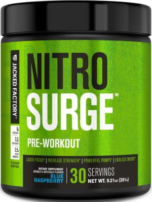 Jacked Factory NITROSURGE Pre Workout Supplement - Energy Booster, Instant Strength Gains, Clear Focus & Intense Pumps - NO Booster & Powerful Preworkout Energy Powder - 30 Servings, Blue Raspberry