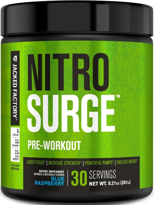 Jacked Factory NITROSURGE Pre Workout Supplement - Energy Booster, Instant Strength Gains, Clear Focus & Intense Pumps - NO Booster & Powerful Preworkout Energy Powder - 30 Servings, Blue Raspberry