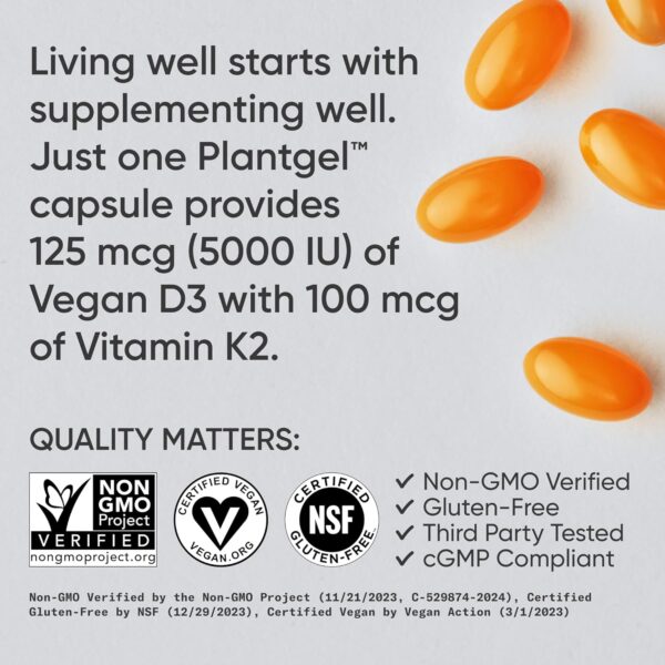 Sports Research® Vegan D3 5000iu with Vitamin K2 100mg - Formulated with Coconut MCT Oil - Vegan Certified, Soy & Gluten Free - 60 Softgels